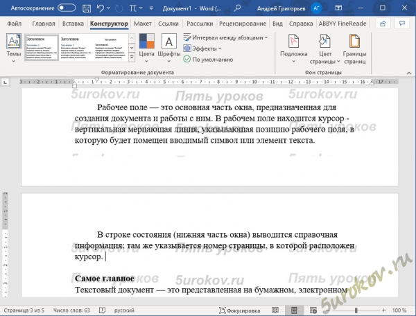 На какой странице документа находится абзац про рабочее поле?